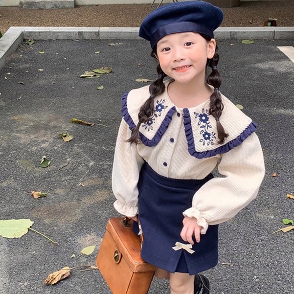 Aiyaya Bộ Áo Tay Dài Phối Ren + Chân Váy Ngắn Phong Cách Hàn Quốc Thời Trang Cho Bé Gái