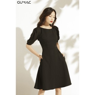 Đầm xòe tay xếp phồng gumac ms10907_den