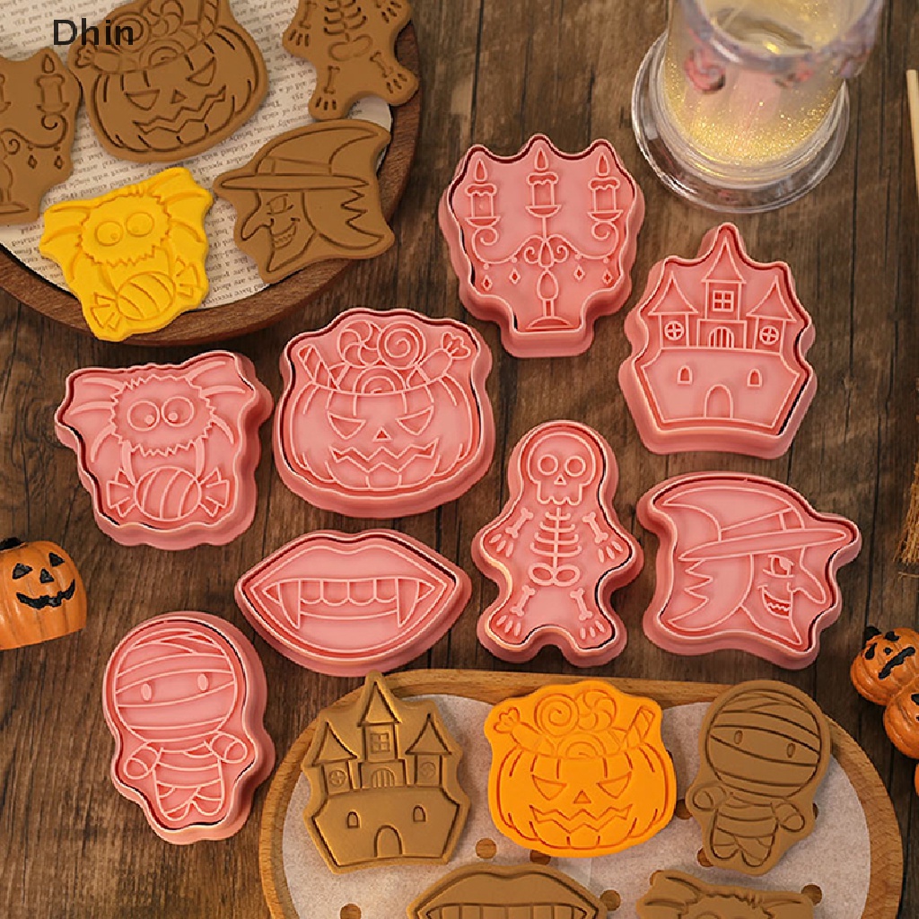 Bộ 8 Khuôn Cắt Bánh Quy Bằng Nhựa Họa Tiết Hoạt Hình Phong Cách Halloween