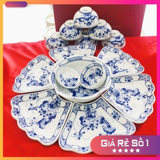Bộ bát đĩa, bộ đồ ăn mặt trời hoa sen xanh cao cấp Bát Tràng