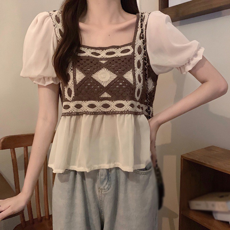 Áo kiểu tay phồng ngắn thêu họa tiết rỗng kiểu Pháp vintage thời trang mùa hè xinh xắn