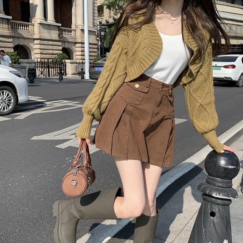 Chân Váy Denim Chữ A Lưng Cao Xếp Ly Có Túi Thời Trang
