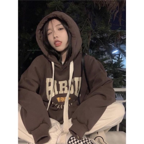 Áo Hoodie Nữ Form Rộng Mũ 2 Lớp Dây Bản To HAR - Áo Hoodie In Chữ HARSII Oversize