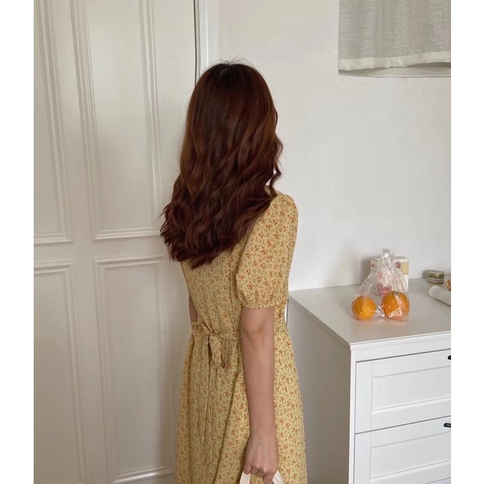 Vây hoa nhí cổ vuông ngắn tay dây buộc eo tôn dáng Ulzzang style🌸Hàng Quảng Châu