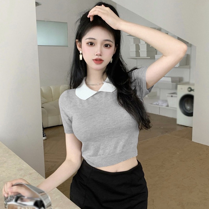 Áo Croptop Dệt Kim Tay Ngắn Cổ Búp Bê Màu Sắc Tương Phản Thời Trang Cho Nữ