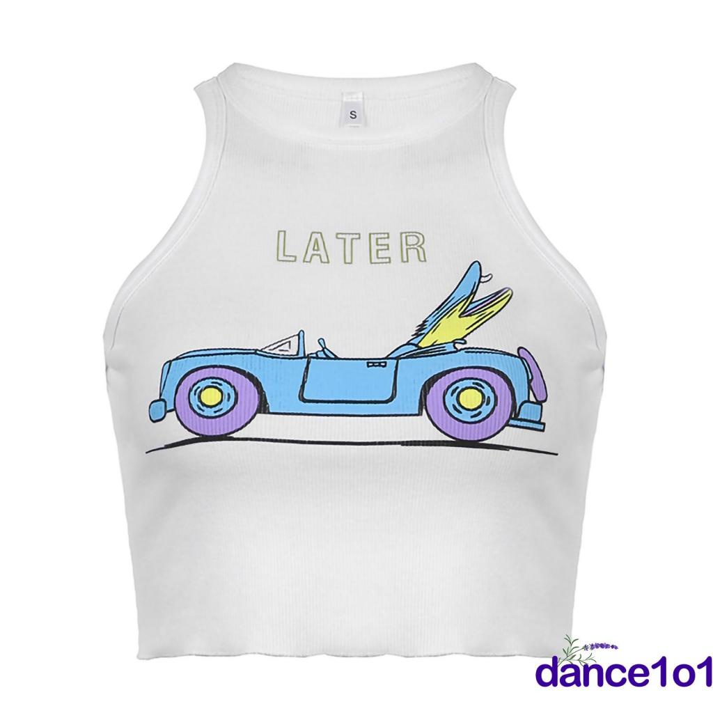 ❀PZ♔Women Cartoon Car Letter Printed Slim Fit Sleeveless Ribbed Vest