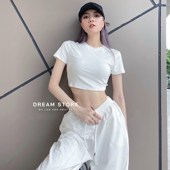 Set bộ croptop trơn KA Closet áo croptop trơn, quần chun ống,2 màu Đen, Trắng, chất dầy mịn mát