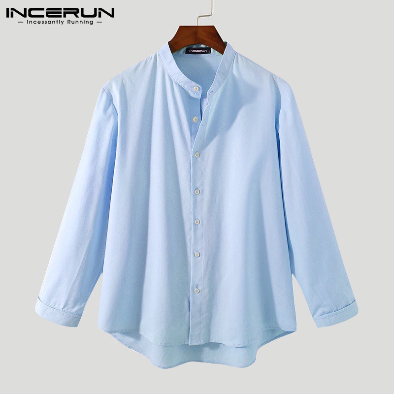Áo sơ mi INCERUN tay dài màu trơn dáng rộng vải cotton thoải mái thời trang cho nam | BigBuy360 - bigbuy360.vn