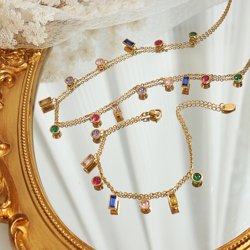 Set Dây Chuyền Và Vòng Tay Bằng Thép Titan Đính Đá Zircon Nhiều Màu Sang Trọng Không Phai Màu