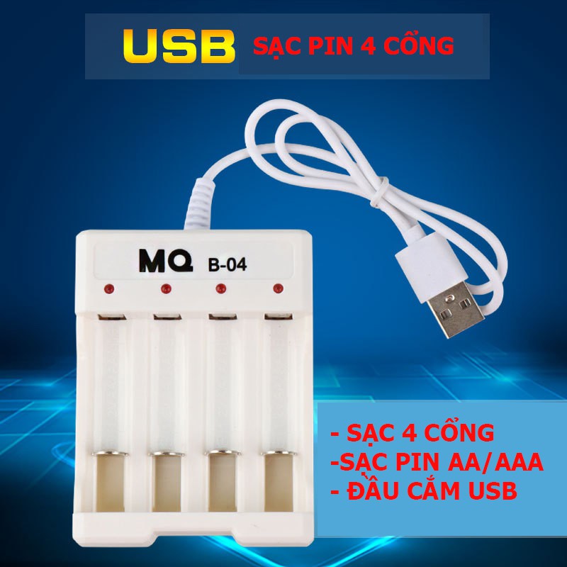 Bộ sạc pin AA, sạc pin AAA (sạc pin tiểu) 4 cổng đầu cắm USB - MQ-B04