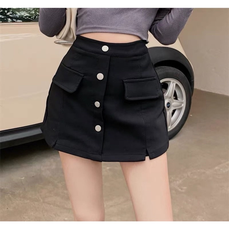 Quần Giả Váy 4 Khuy Cúc Dọc Bigsize, Quần Short Nữ Lưng Cao Tuyết Mưa Phối Túi Giả