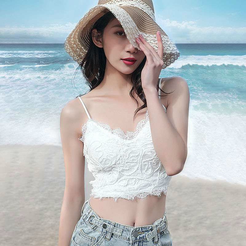 Áo Bra, Croptop Ren 2 Dây Chun Sau Co Giãn Có Mút , Màu Đen Trắng 997