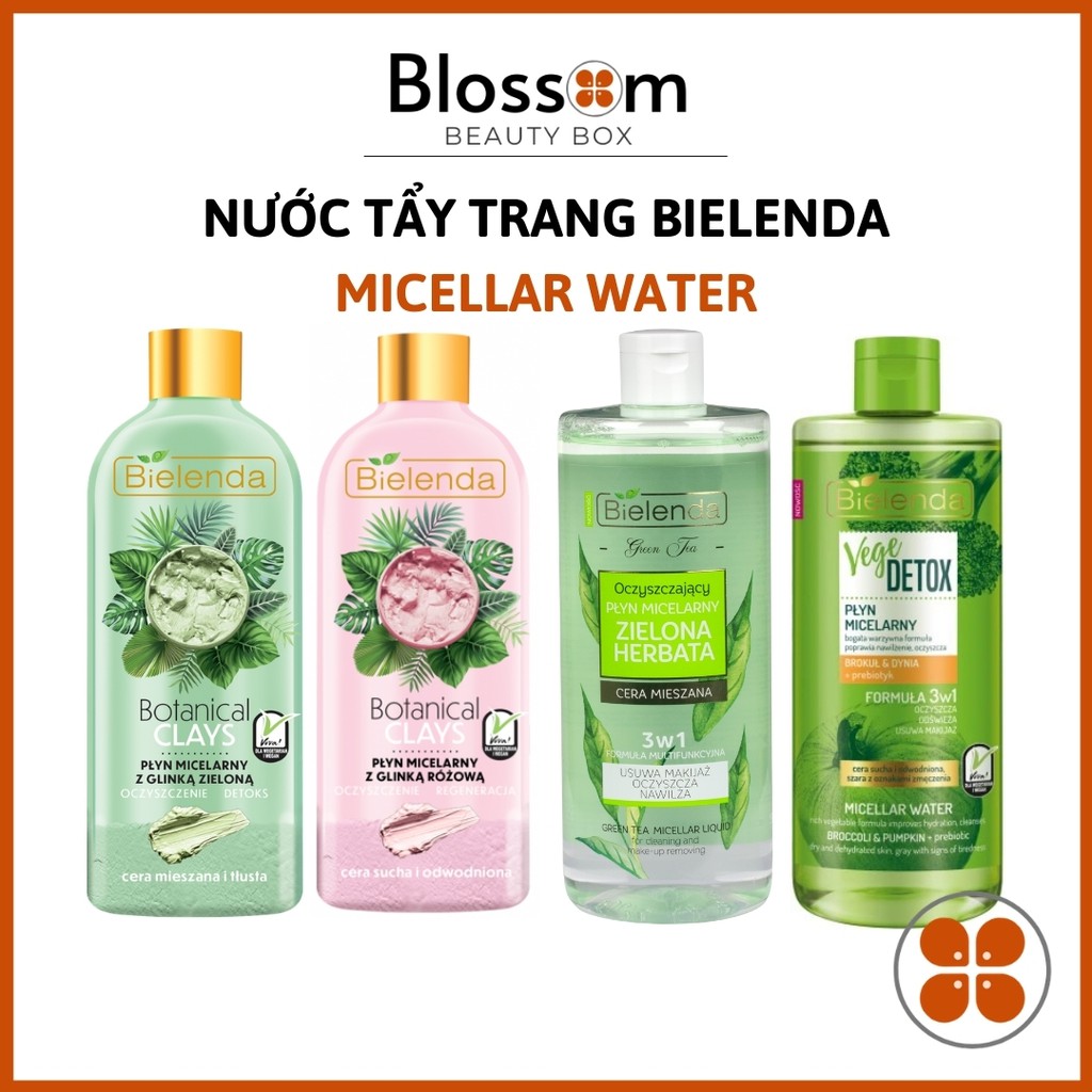 500ml Nước tẩy trang Micellar BIELENDA: Vege Detox, Green Clay, Pink Clay