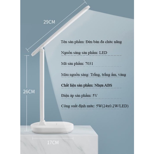 Đèn học để bàn sạc pin Bo Gou 7031 với 3 chế độ màu ánh sáng – dùng được nguồn từ sạc dự phòng