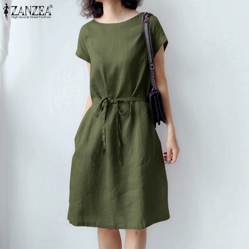 Đầm midi ZANZEA tay ngắn cổ tròn màu trơn thời trang cho nữ