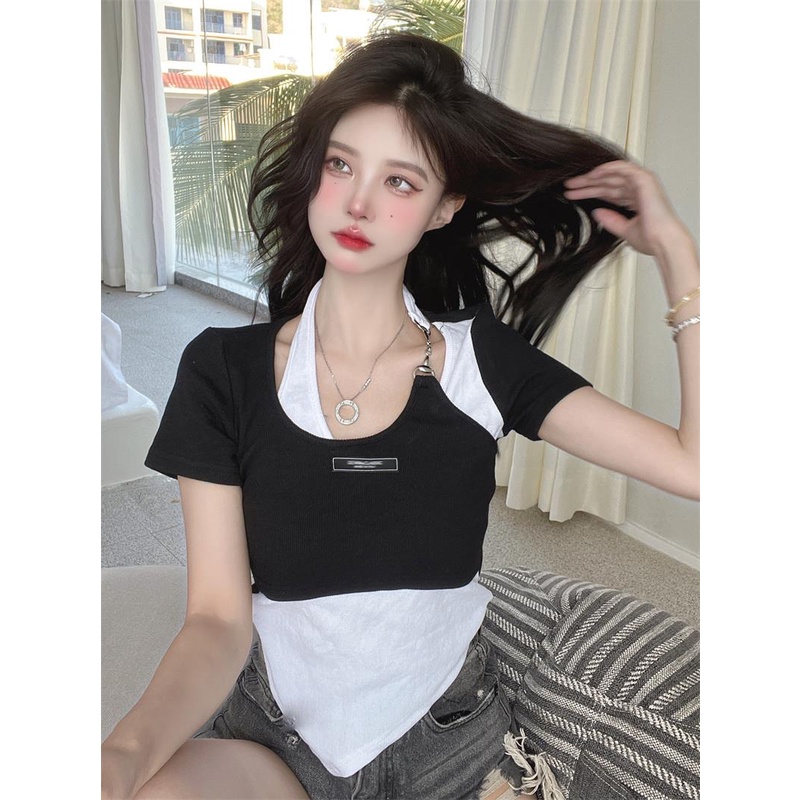 Áo sweater Giả Hai Lớp Dáng Ngắn Phối Khóa Kéo Thời Trang Cho Nữ