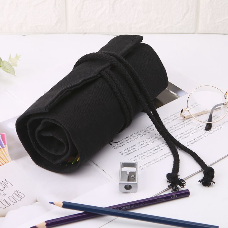 Túi đựng bút chì màu bằng vải canvas màu đen tiện lợi đa năng
