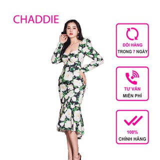 Đầm ôm body tay dài đuôi cá họa tiết hoa xanh sang chãnh