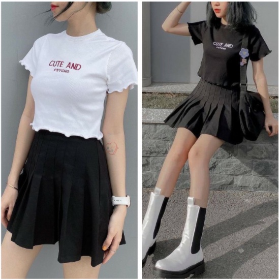 Áo croptop nữ croptop ngắn tay, áo thun nữ body thun gân Cute and psycho | BigBuy360 - bigbuy360.vn