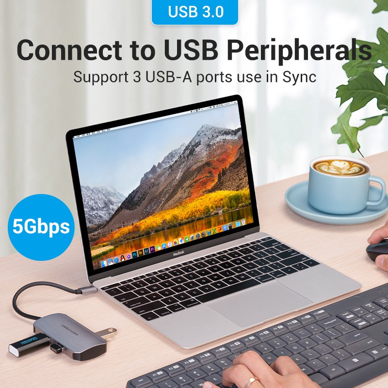 HUB VENTION 5 Trong 1 Type C Sang USB C Gen 1/ USB 3.0/ PD 100W 5Gbps Bằng Hợp Kim Nhôm Cho Laptop Máy Tính Bàn