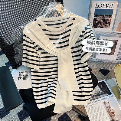 Áo Thun Dệt Kim Tay Ngắn Họa Tiết Kẻ Sọc Thời Trang Mùa Hè Xinh Xắn Cho Nữ