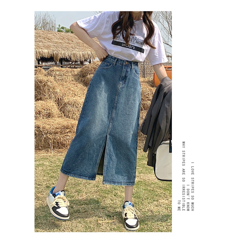 Chân váy jean dáng chữ A dài lưng cao thiết kế xẻ tà phong cách Mỹ retro thời trang mới dành cho nữ