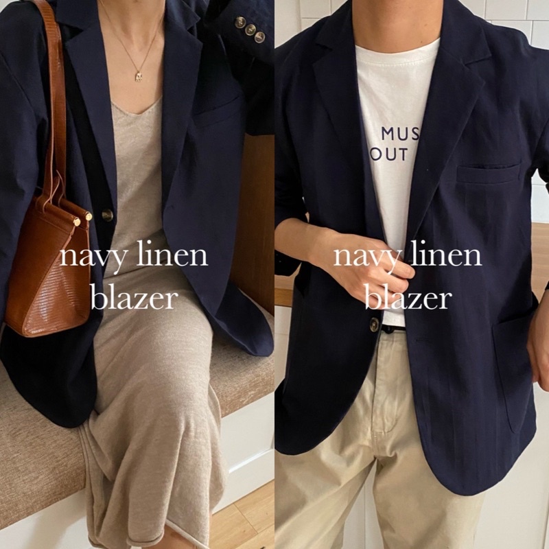 Áo Blazer Dài Tay Linen Chất Liệu Cao Cấp Màu Xanh Tím Than Navy Unisex Nam Nữ Heebyohi