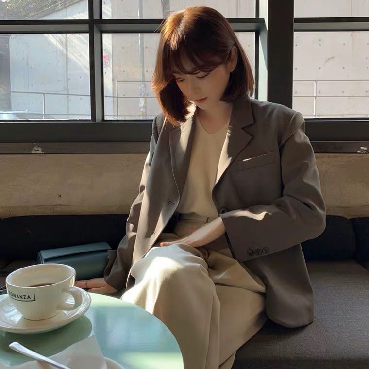 SUXI Áo Khoác Blazer Tay Dài Dáng Rộng Màu Sắc Đơn Giản Phong Cách Vintage Hàn Quốc