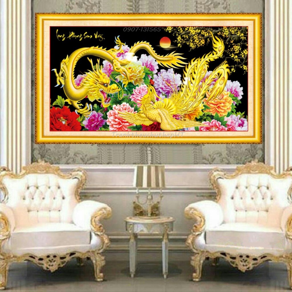 Tranh thêu chữ thập 3D Long phụng sum vầy 2 size: 100*54cm và 120*60cm - tự thêu