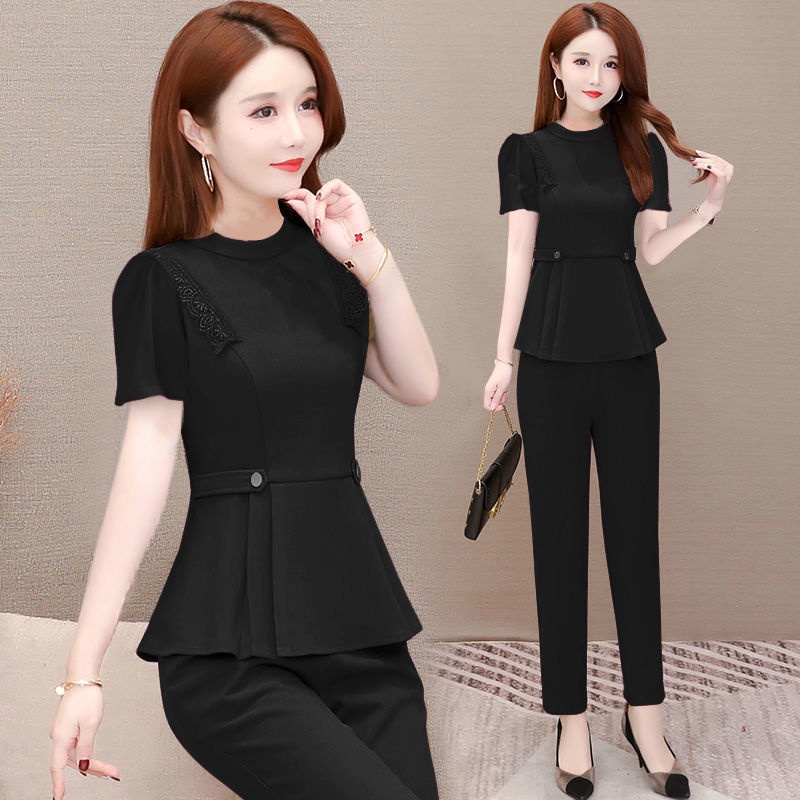 Set Áo Ren Màu Trơn Phối Quần Dài Ống Đứng Thoáng Khí Thời Trang Cho Nữ