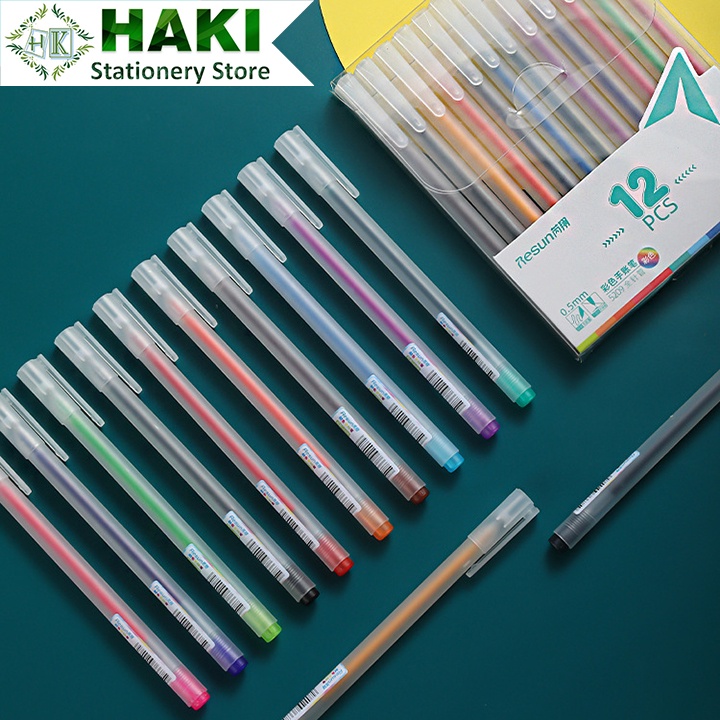 Hộp 12 bút bi màu mực gel HAKI Resun bút Muji bản dupe 12 màu ngòi 0.5mm B45