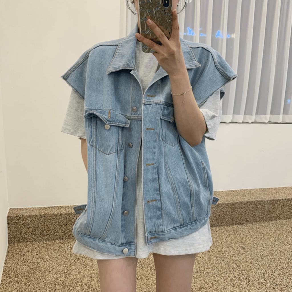 Kh10|Áo khoác jeans bò tanktop cá tính hàn quốc chất denim rộng túi hộp đi chơi, đi học gd_order