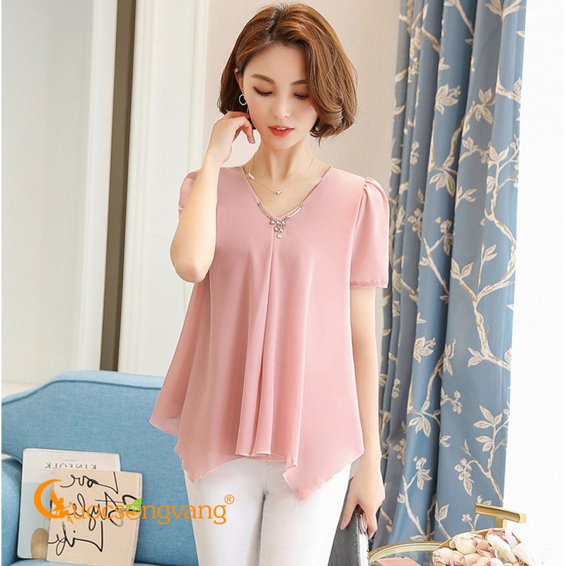 Áo nữ áo kiểu kết cườm áo giấu bụng cổ v móc kim loại GLA103 Cuocsongvang