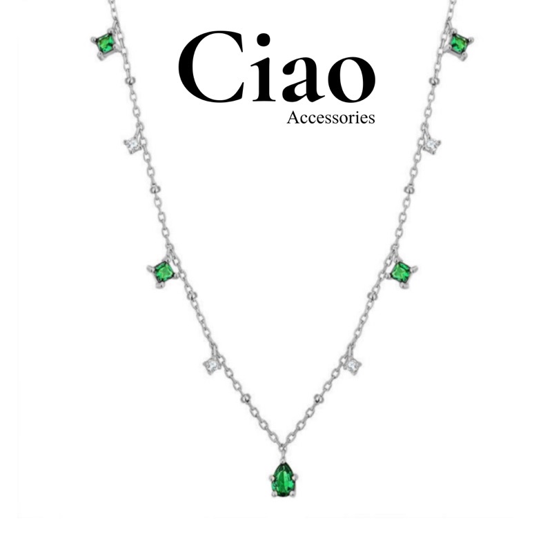 [HOẢ TỐC 1H] Dây chuyền/ Vòng cổ mạ bạc S925 thiết kế đính đá xanh lấp lánh nữ tính Princess Ciao