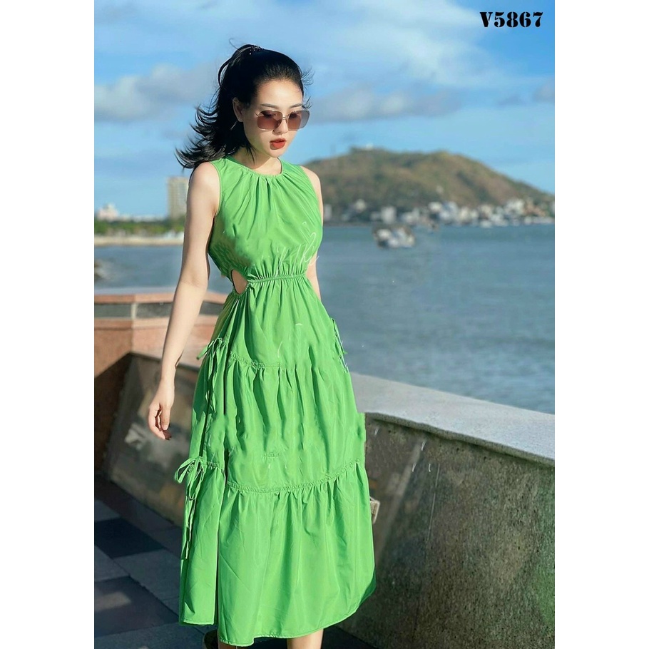 Đầm maxi xanh lá dáng dài đi biển tiểu thư màu sắc rực rỡ