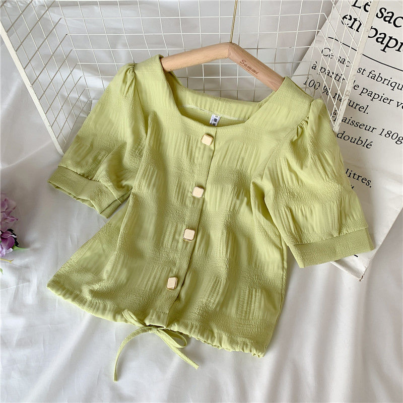 Áo sơ mi nữ BH tay ngắn phối dây xinh xắn thời trang 2021