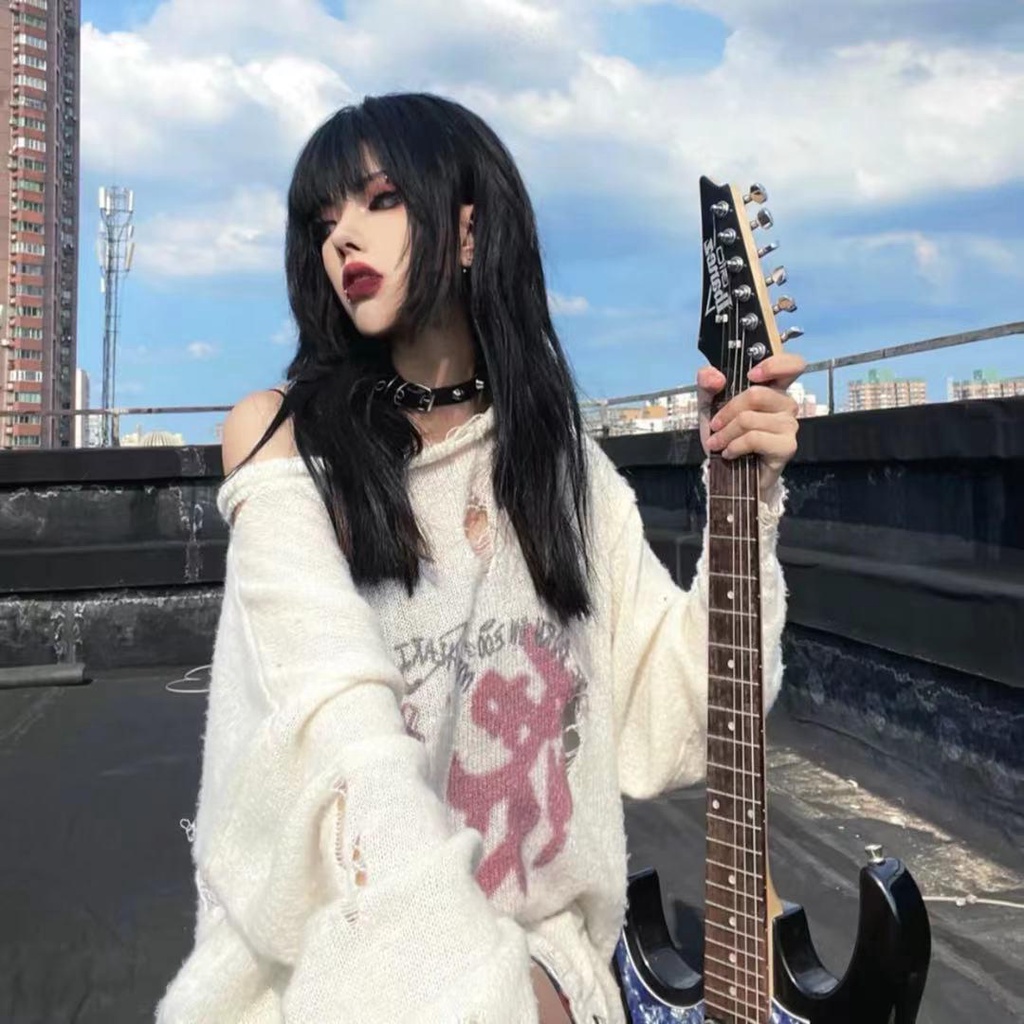 Áo Sweater tay dài cổ tròn rách lỗ Y2k hình trái tim Graffiti