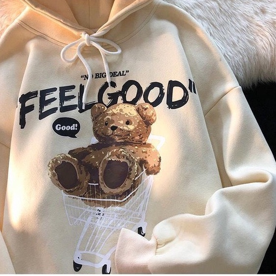 Áo hoodie nam nữ form rộng 2N Unisex nỉ bông in hình gấu FEEL GOOD màu đen/be