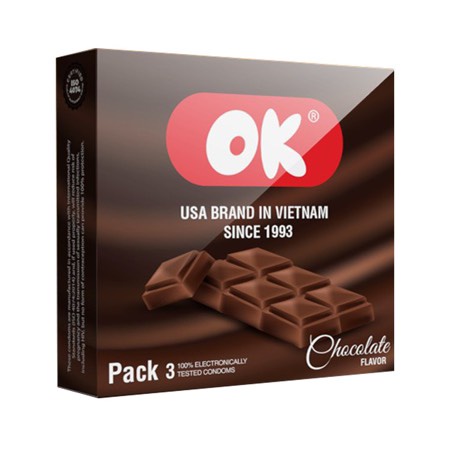 Bao cao su OK, bao cao su siêu mỏng mùi hương dâu tây, bạc hà, chocolate, không mùi, hộp 3 bcs