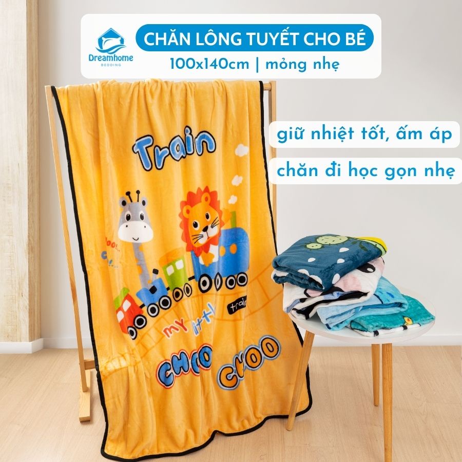 Chăn lông tuyết cho bé DREAMHOME mỏng nhẹ 1mx1m4 dùng mùa hè thu, 2 mặt tuyết in hình thú cho trẻ em