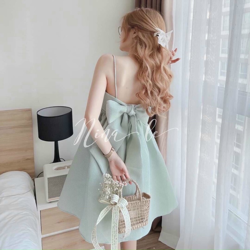 Đầm babydoll 2s nơ lưng to , đầm 2 dây nơ vãi xốp