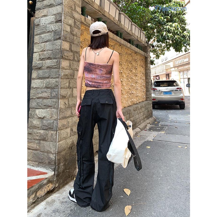 Quần Yếm Ống Rộng Lưng Cao Dây Rút Màu Đen Phong Cách Retro Mỹ Thời Trang Mùa Hè Cho Nữ