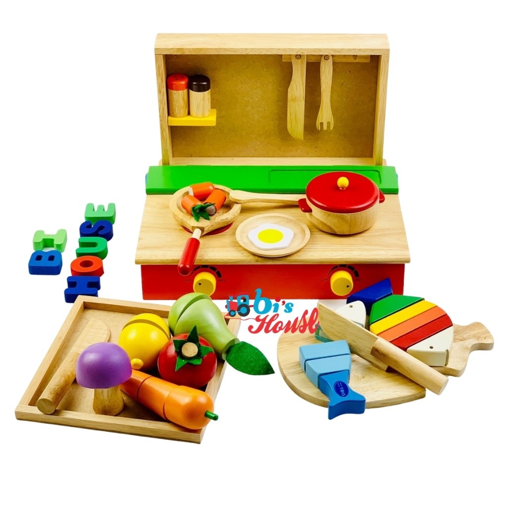 Combo đồ chơi nấu ăn bằng gỗ Winwintoys gồm có bộ nấu ăn - cắt 2 cá- 5 loại trái cây