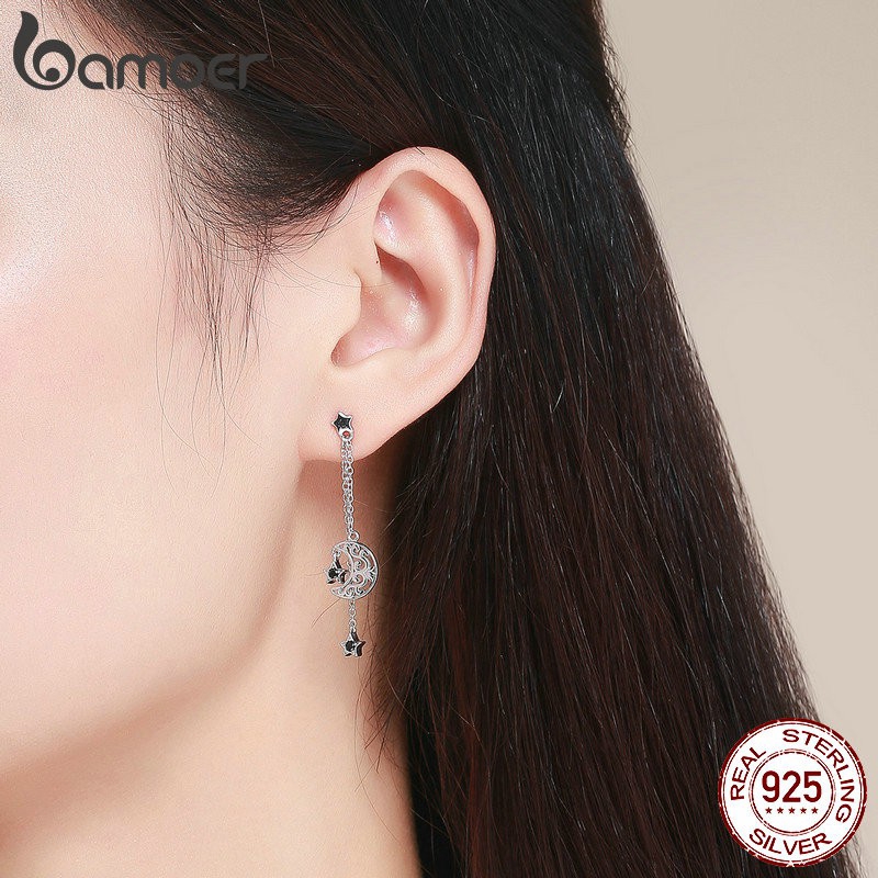 Khuyên tai Bamoer bạc 925 hình mặt trăng đính đá CZ xinh xắn