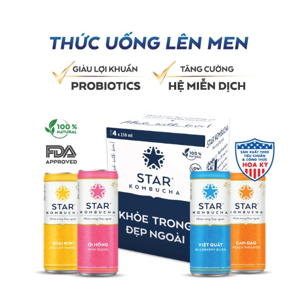 Thùng 12 lon trà STAR KOMBUCHA - Trà lên men vi sinh chứa probiotics giúp bảo vệ sức khoẻ