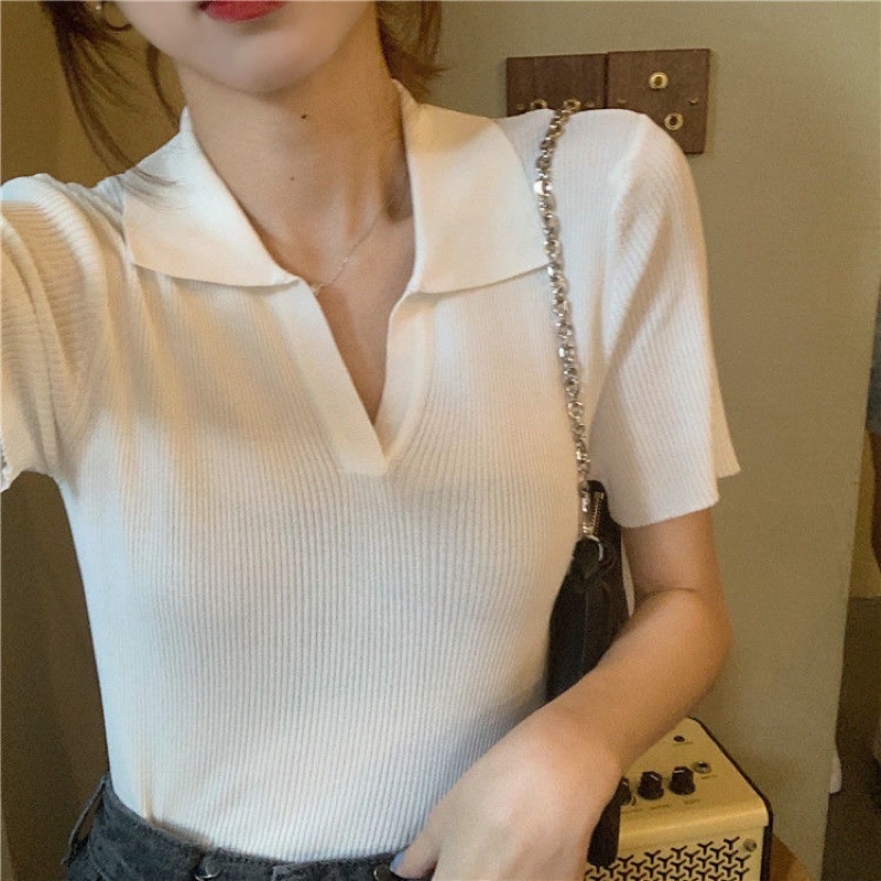 Áo dệt kim tay ngắn cổ V kiểu dáng Hàn Quốc thanh lịch