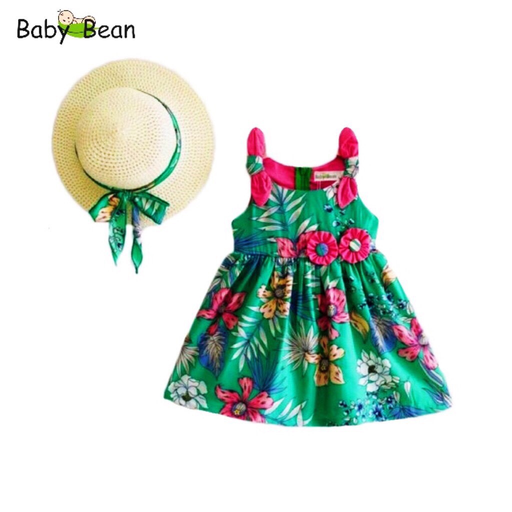 Đầm Lụa Nơ Vai Eo đính Hoa bé gái BabyBean (kèm Nón)