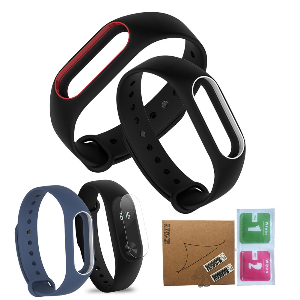 Silicone Dây Đeo Thay Thế + 2 Miếng Dán Bảo Vệ Màn Hình Cho Xiaomi Mi Band 2