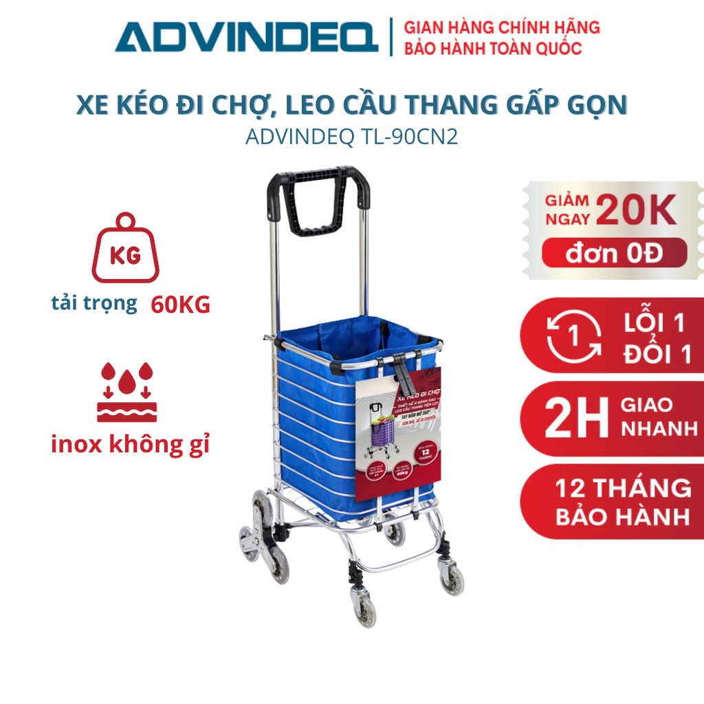 Xe kéo đi chợ, leo cầu thang 8 bánh gấp gọn ADVINDEQ TL-90CN2, tải trọng 60kg, Bảo hành chính hãng 1 năm