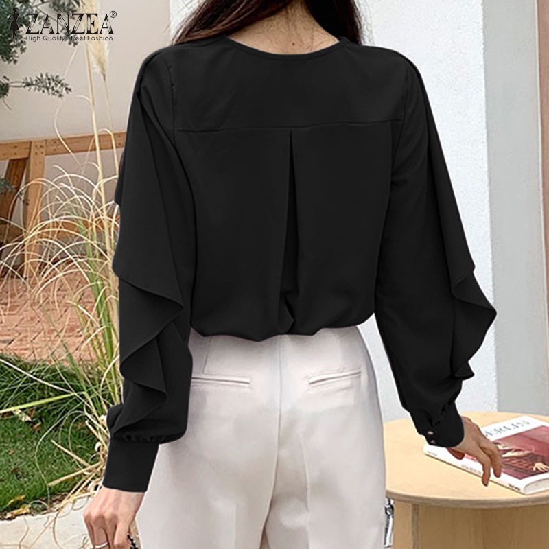 ZANZEA Áo Sơ Mi Nữ Tay Dài Cổ Chữ V Màu Trơn Cài Khuy Đơn Giản Thời Trang